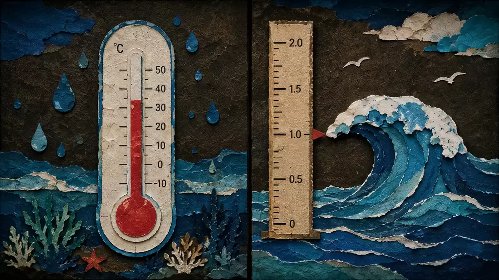 Illustration collage : un thermomètre et une règle de niveau, les deux instruments de mesure du récit